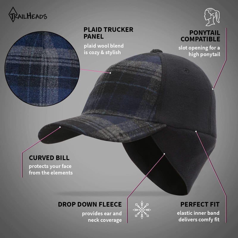 TrailHeads Women's Winter Ponytail Hat | Trucker Hat with Drop Down Ear Warmers - Blue Plaid - Image 2
